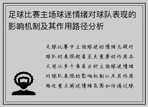 足球比赛主场球迷情绪对球队表现的影响机制及其作用路径分析 足球比赛主场球迷情绪对球队表现的影响机制及其作用路径分析