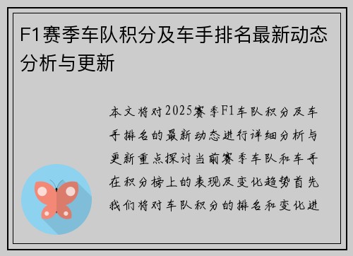 F1赛季车队积分及车手排名最新动态分析与更新