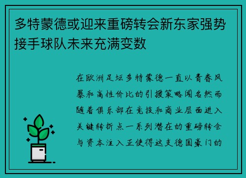 多特蒙德或迎来重磅转会新东家强势接手球队未来充满变数