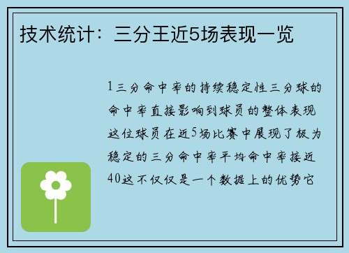 技术统计：三分王近5场表现一览