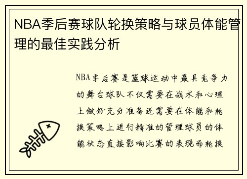 NBA季后赛球队轮换策略与球员体能管理的最佳实践分析
